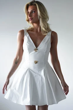 Baxter Cotton Gold Button Mini Dress | White*SASHA Hot