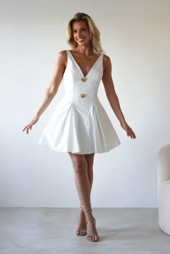 Baxter Cotton Gold Button Mini Dress | White*SASHA Hot