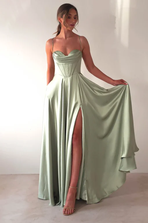 Bella Luxe Aline Satin Gown | Sage*Cinderella Sale