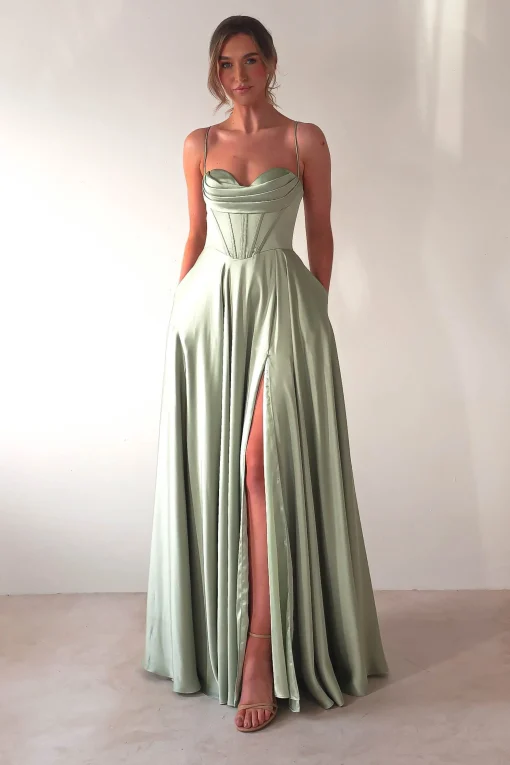 Bella Luxe Aline Satin Gown | Sage*Cinderella Sale