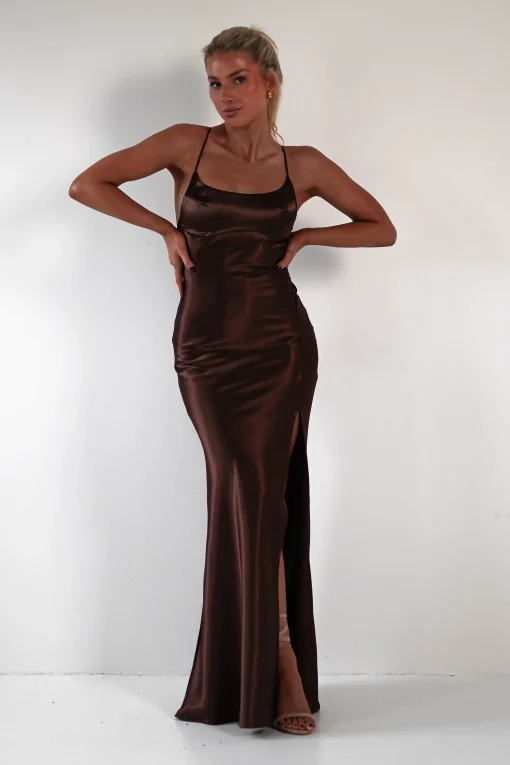 Celinee Satin Maxi Gown | Brown*Vera u0026 Lucy Discount