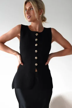 Louella Gold Button Waistcoat Top | Black*Casual Best