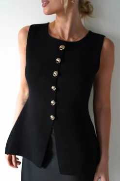 Louella Gold Button Waistcoat Top | Black*Casual Best