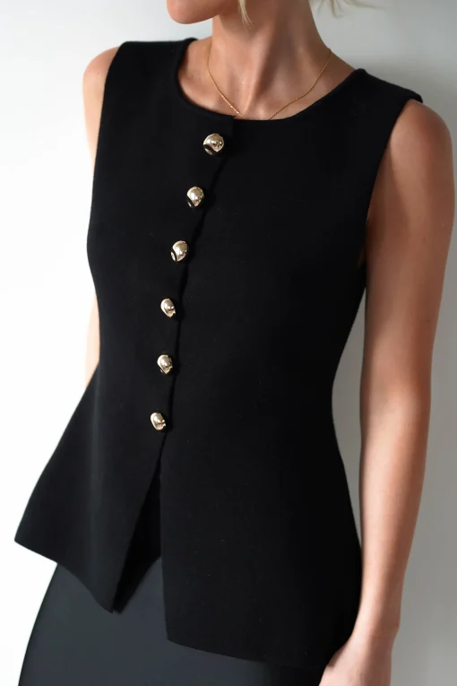 Louella Gold Button Waistcoat Top | Black*Casual Best