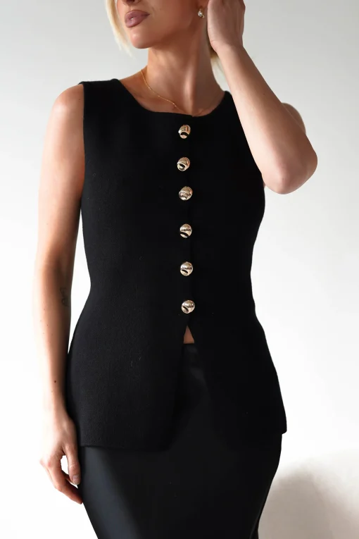 Louella Gold Button Waistcoat Top | Black*Casual Best