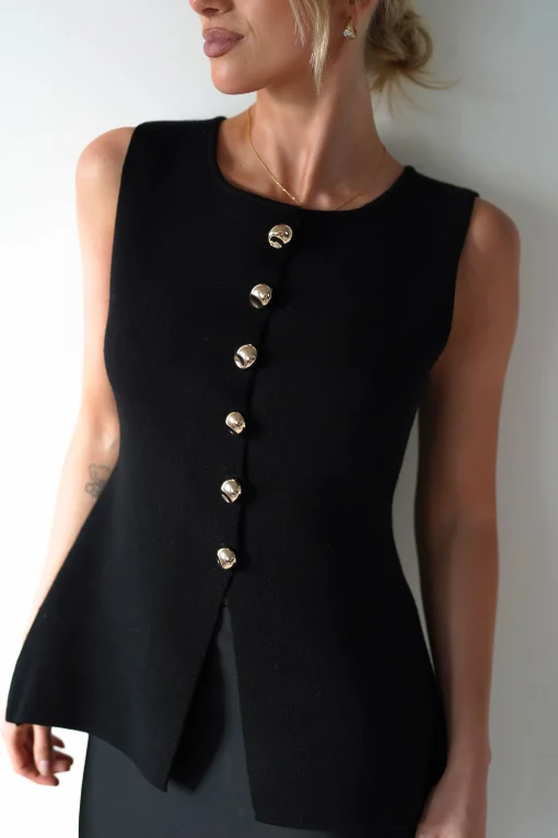 Louella Gold Button Waistcoat Top | Black*Casual Best