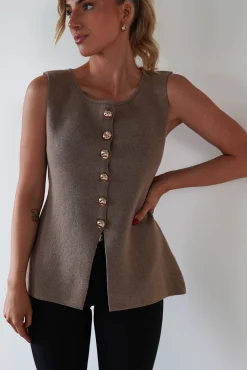 Louella Gold Button Waistcoat Top | Brown*Casual Discount