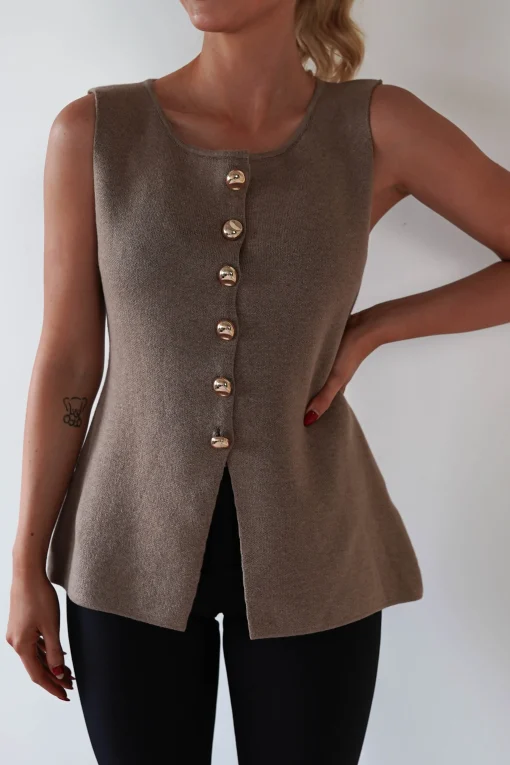 Louella Gold Button Waistcoat Top | Brown*Casual Discount