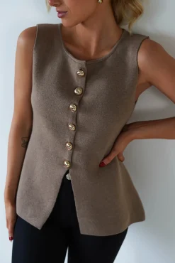 Louella Gold Button Waistcoat Top | Brown*Casual Discount