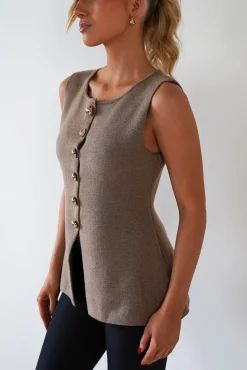 Louella Gold Button Waistcoat Top | Brown*Casual Discount