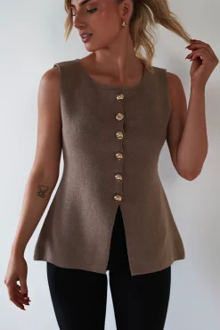 Louella Gold Button Waistcoat Top | Brown*Casual Discount