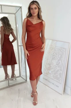 Natalie Satin Cowl Neck Midi Dress | Rust*Oh Hello Clothing Best