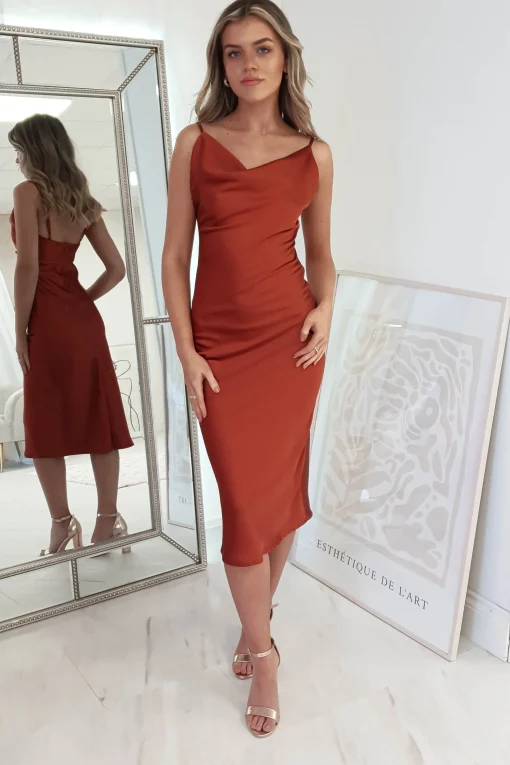 Natalie Satin Cowl Neck Midi Dress | Rust*Oh Hello Clothing Best