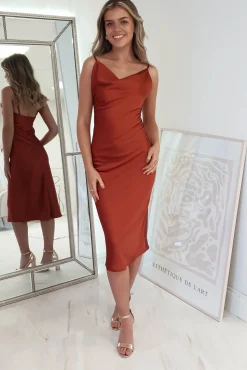 Natalie Satin Cowl Neck Midi Dress | Rust*Oh Hello Clothing Best