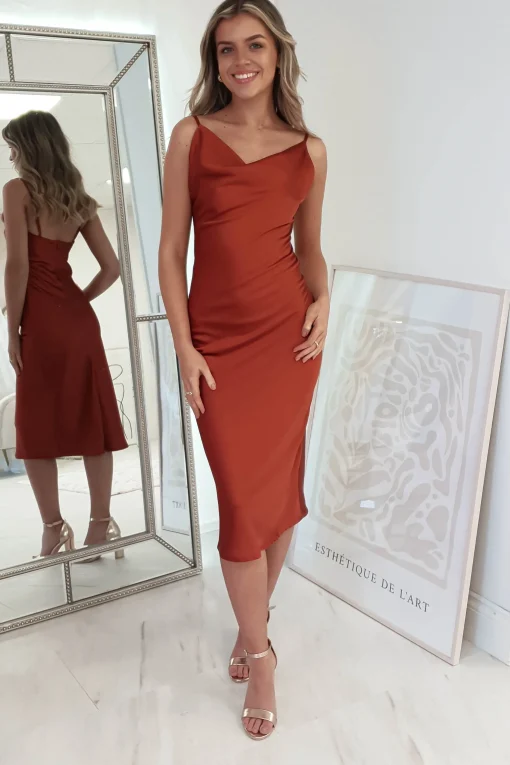 Natalie Satin Cowl Neck Midi Dress | Rust*Oh Hello Clothing Best